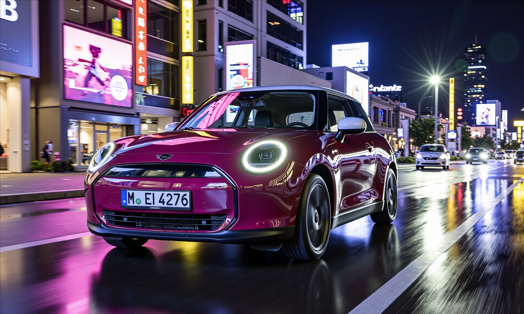 A custom model image of a compact car in a cinematic city
