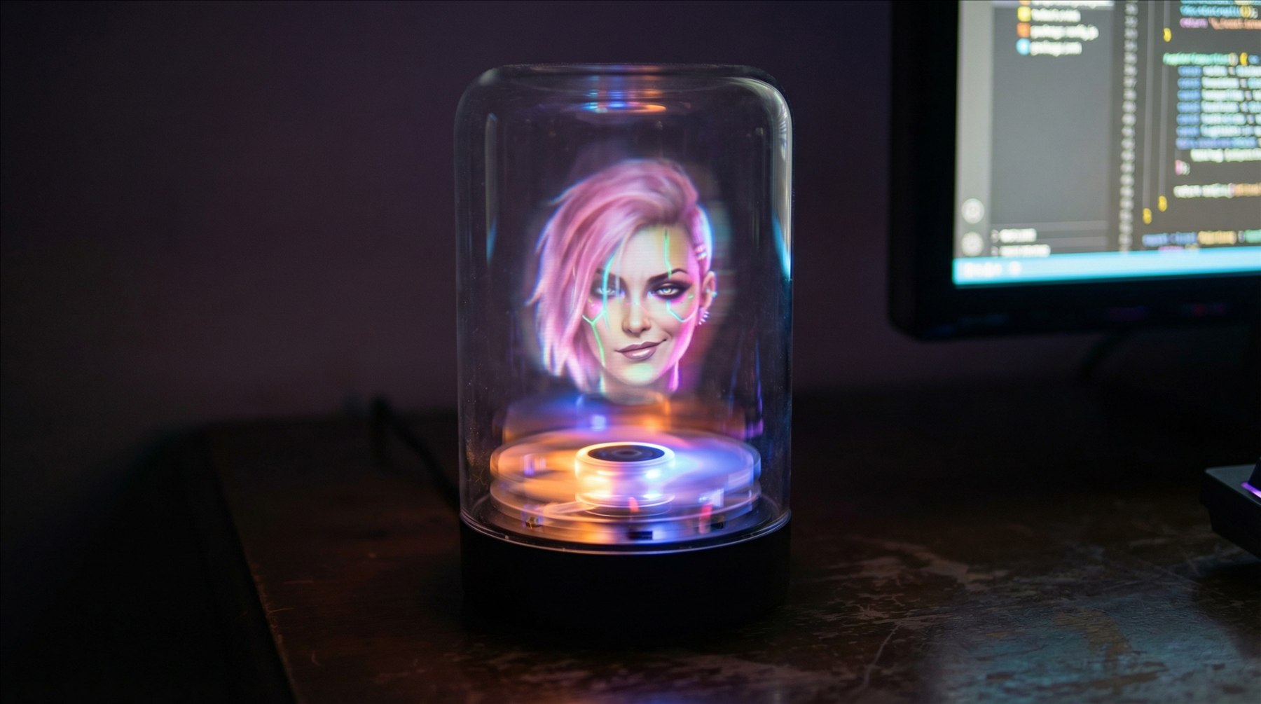A holographic AI character displayed inside a physical device