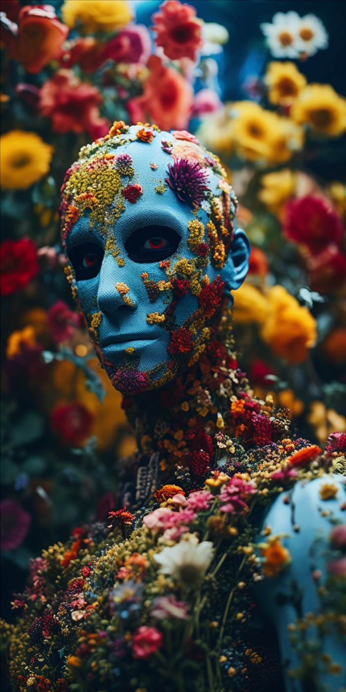 A human silhouette made from dense flowers
