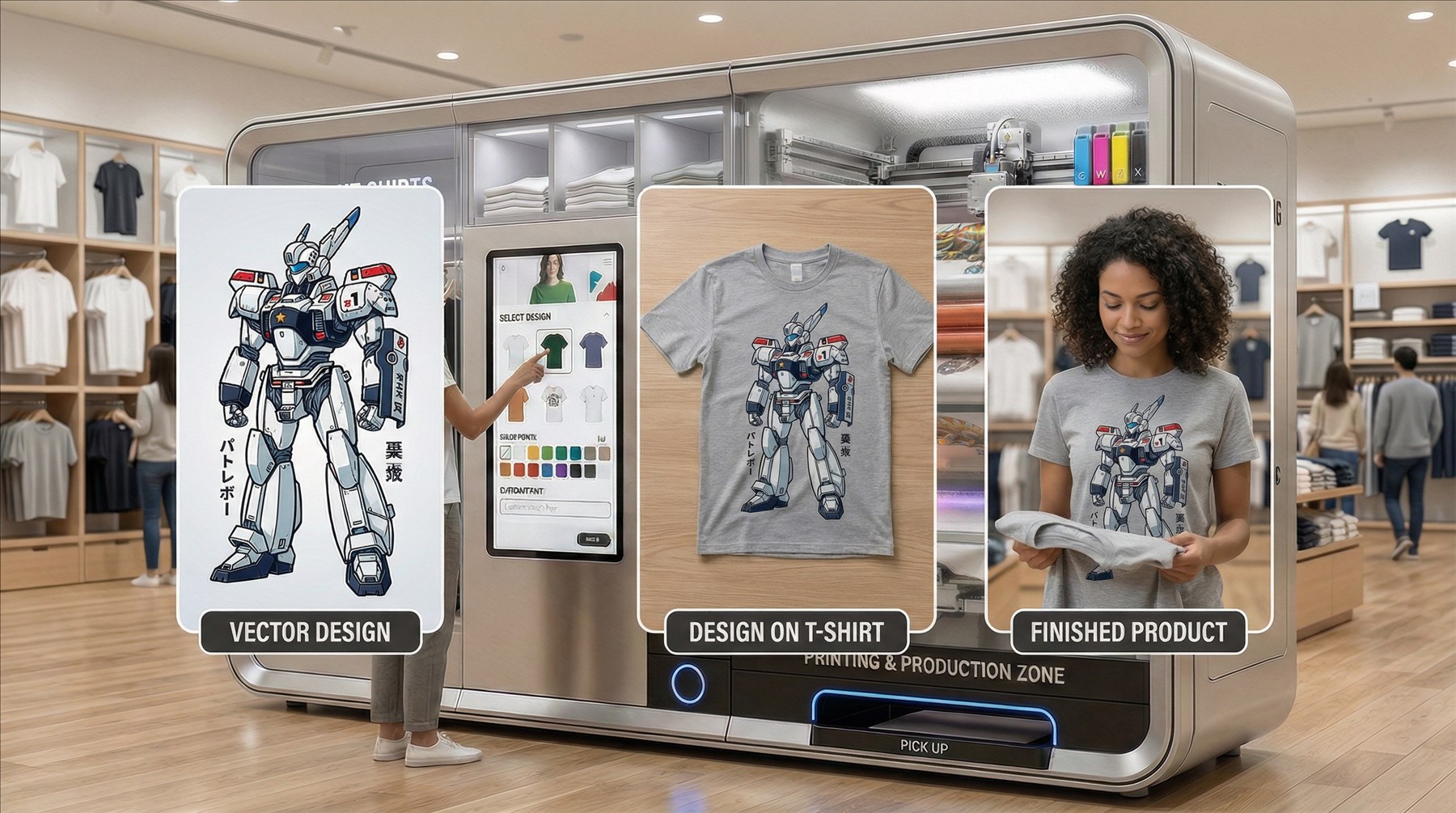 An in-store machine generating and printing personalized fashion designs