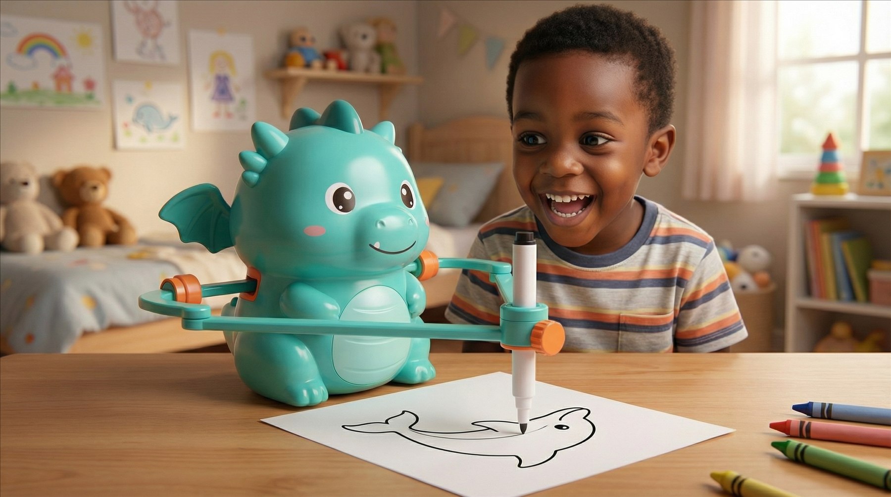 A child drawing with a friendly AI-powered plotter toy